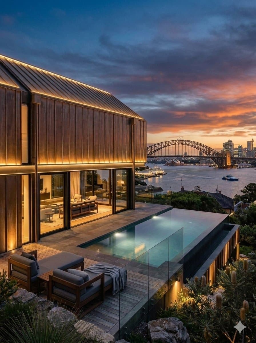 Copper-clad architectural home with an infinity pool overlooking Sydney Harbour Bridge at dusk