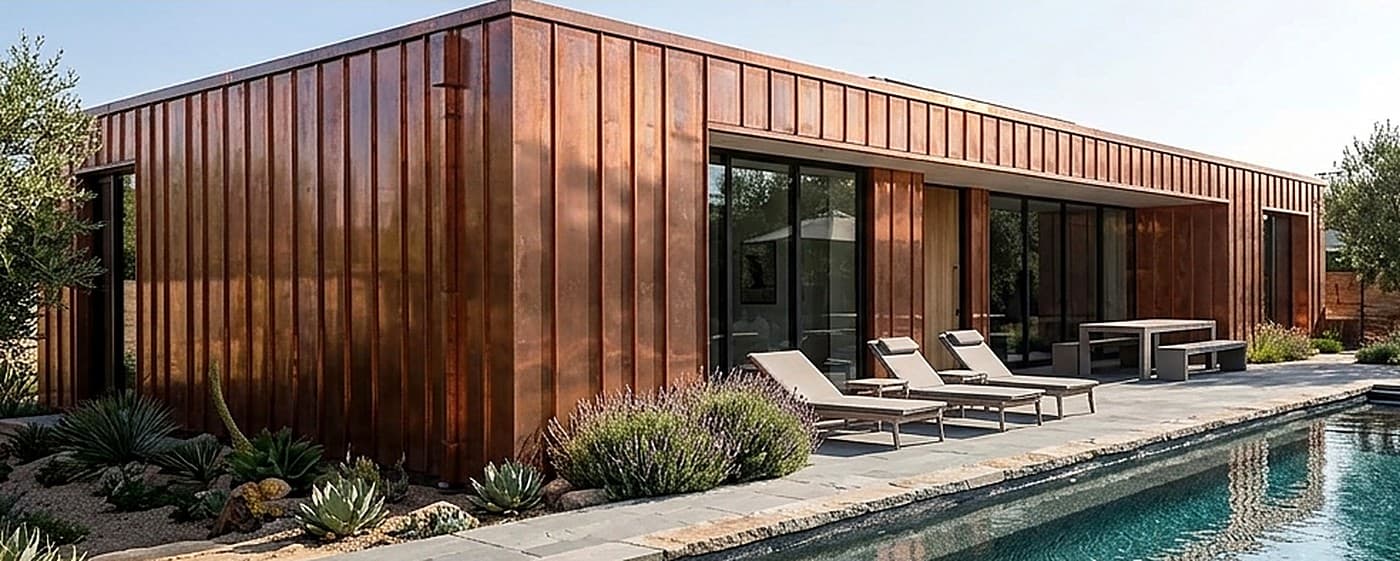 Copper standing seam cladding on a modern home beside a pool