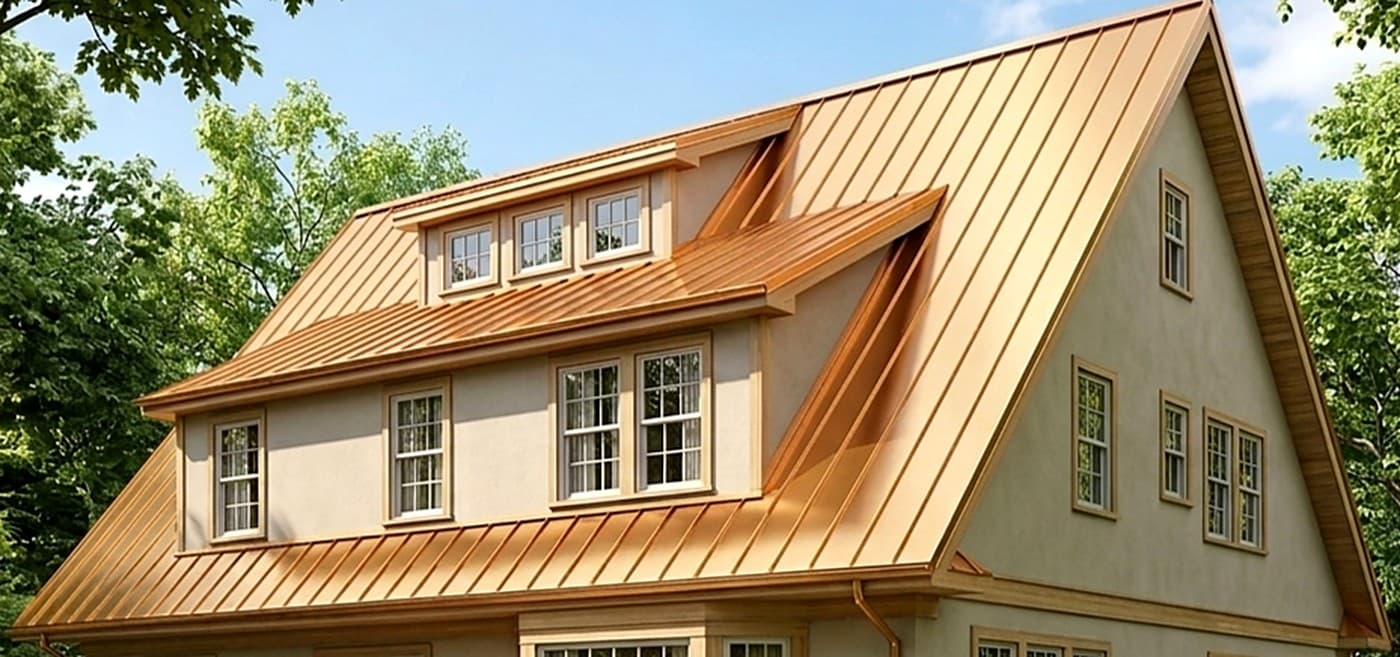 Copper standing seam roof on an architectural home with dormer windows